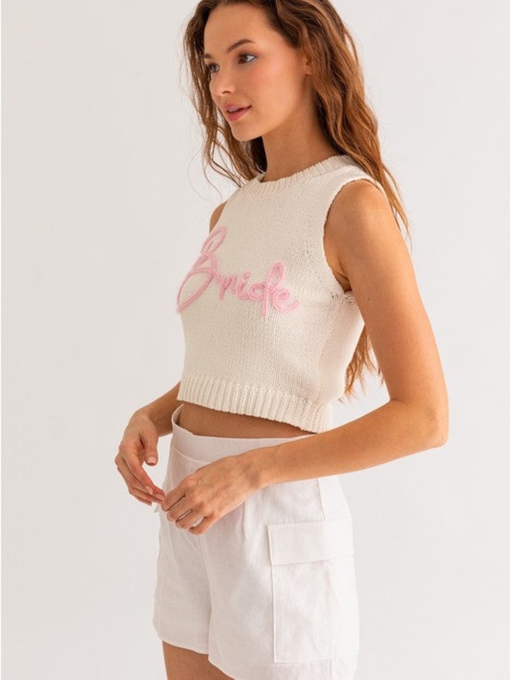 Le Lis Cream Knit Crop Tank with Pink Bride Script - Picture 4 of 5